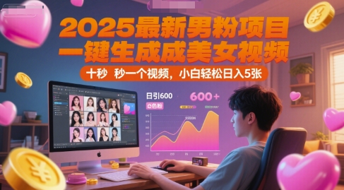 2025最新男粉项目，一键生成美女视频，日引600+色粉 十秒一个视频，小白轻松日入5张【揭秘】-小鹏项目网