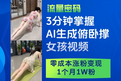 3分钟掌握AI生成俯卧撑女孩视频，零成本涨粉变现，1个月1W粉-小鹏项目网