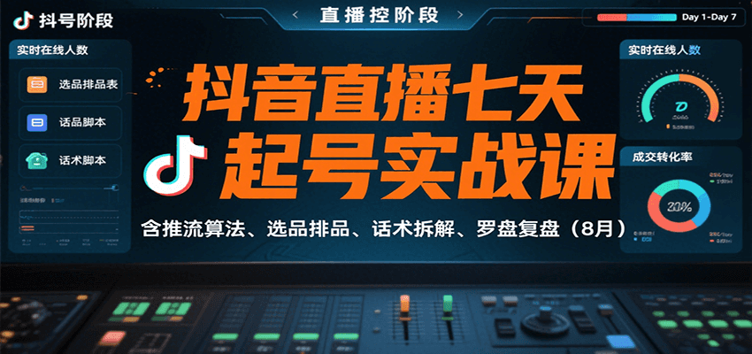 抖音直播七天起号实战课：含推流算法、选品排品、话术拆解、罗盘复盘(8月)-小鹏项目网