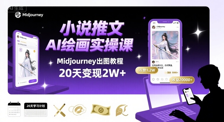 小说推文干货分享之AI绘画MJ出图实操课，用Midjourney做小说推文，20天挣2w-小鹏项目网