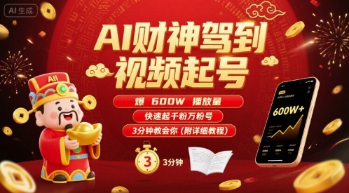 AI财神驾到视频起号，爆600W播放量，快速起千粉万粉号，3分钟教会你(附详细教程)-小鹏项目网