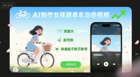 AI制作女孩骑单车治愈视频，流量大，起号快，快速起千粉万粉号-小鹏项目网