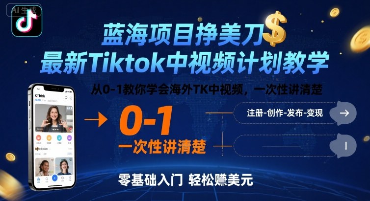 蓝海项目挣美刀，最新Tiktok中视频计划教学，从0-1教你学会海外TK中视频，一次性讲清楚-小鹏项目网