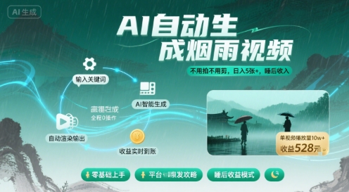 不用拍不用剪！AI自动生成烟雨视频，日入5张+，睡后收入-小鹏项目网