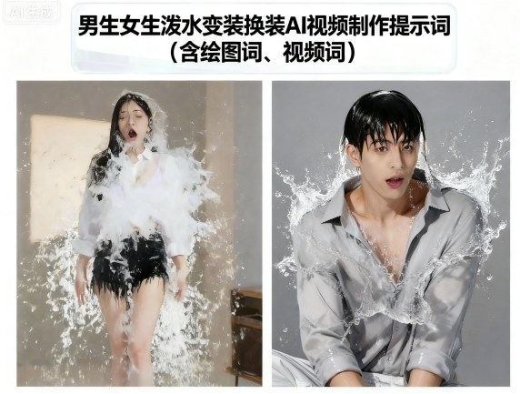 男生女生泼水变装换装AI视频制作提示词(含绘图词、视频词)-小鹏项目网