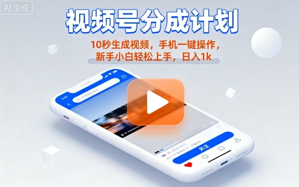 视频号分成计划懒人玩法，10秒生成视频，手机一键操作，新手小白轻松上手，日入1K【揭秘】-小鹏项目网