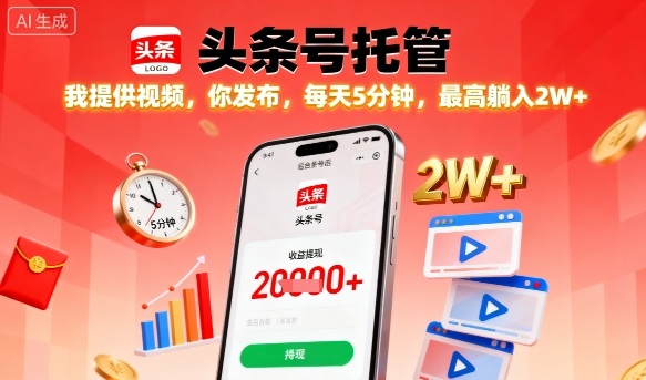 【头条号托管】我提供视频，你发布，每天5分钟，最高躺入2W+【揭秘】-小鹏项目网