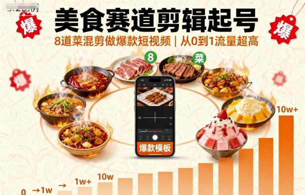 美食赛道剪辑起号，8道菜混剪做爆款短视频，从0到1，流量超高-小鹏项目网