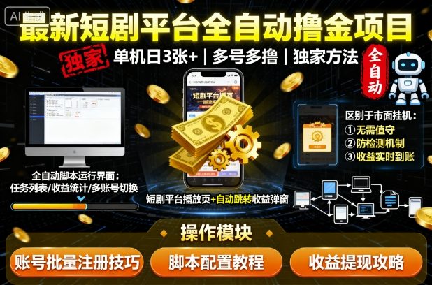 最新短剧平台全自动挂G撸金项目，单机一天3张+，多号多撸，区别于市面所有挂机项目，独家方法【揭秘】-小鹏项目网
