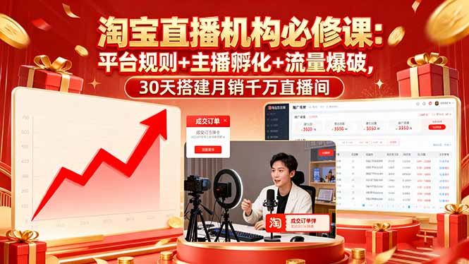 淘宝直播机构必修课：平台规则/主播孵化/流量爆破,30天搭建月销千万直播间-小鹏项目网