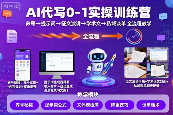 AI代写0-1实操训练营，从养号、提示词、征文演讲、学术文，到私域谈单的全流程教学-小鹏项目网