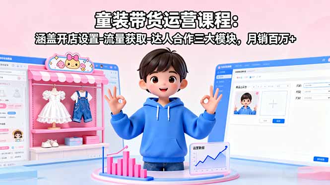 童装带货运营课程：涵盖开店设置-流量获取-达人合作三大模块，月销百万+-小鹏项目网