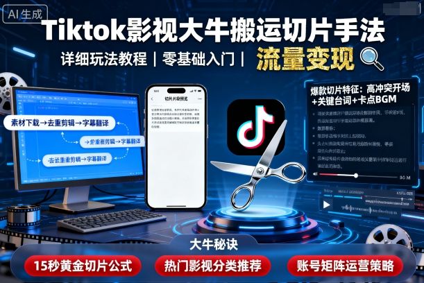 Tiktok影视大牛搬运切片手法，详细玩法教程-小鹏项目网