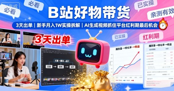 B站好物带货，3天出单，新手月入1W实操拆解，AI生成视频，抓住平台红利期最后机会-小鹏项目网