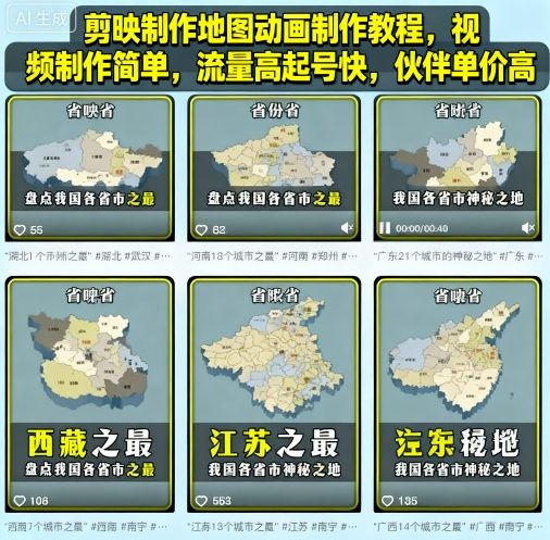 剪映制作地图动画制作教程，视频制作简单，流量高起号快，伙伴单价高-小鹏项目网
