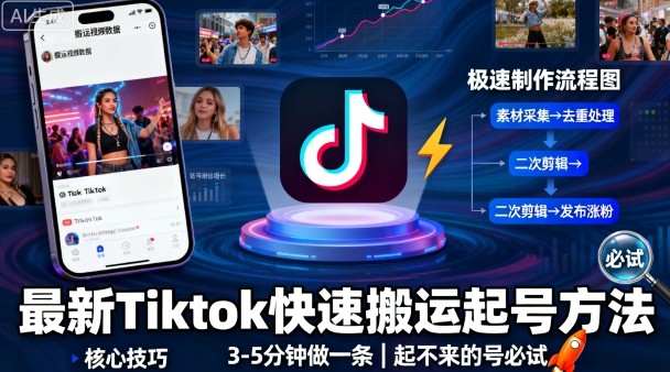 最新Tiktok快速搬运快速起号方法，3-5分钟做一条，起不来的号可以试试-小鹏项目网