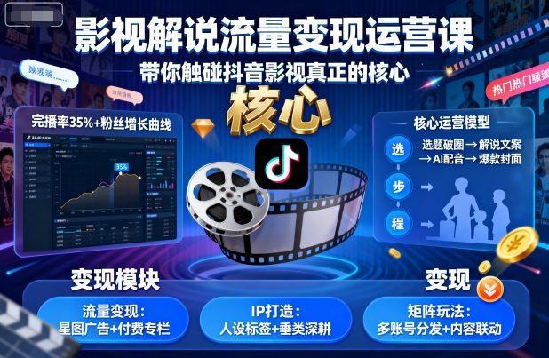 影视解说流量变现运营课，带你触碰抖音影视真正的核心-小鹏项目网