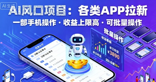 AI风口项目，各类APP拉新，一部手机就可以操作，收益上限高，可批量操作-小鹏项目网