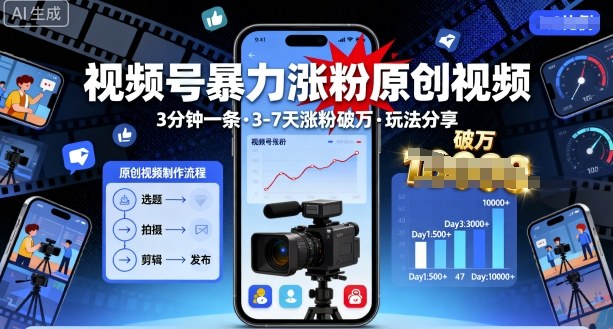 视频号暴力涨粉原创视频，3分钟一条原创视频，3-7天涨粉破万，玩法分享给你-小鹏项目网