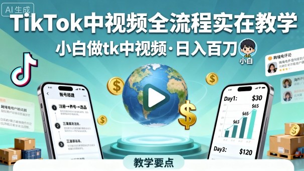 TikTok中视频全流程实操教学，小白做tk中视频，日入百刀-小鹏项目网