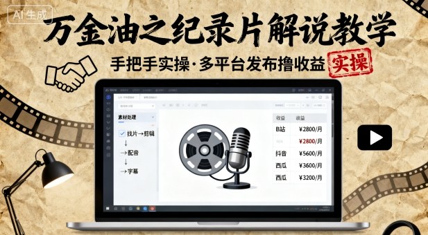 万金油之纪录片解说教学，手把手教你，完全实操，多平台发布撸收益-小鹏项目网