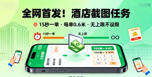全网首发！酒店截图任务，15秒一单，每单0.6米，任务无上限不设限，矩阵操作单日3张到手【揭秘】-小鹏项目网
