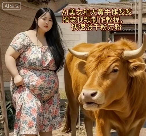 AI美女和大黄牛摔跤搞笑荒诞视频制作教程，快速涨千粉万粉-小鹏项目网