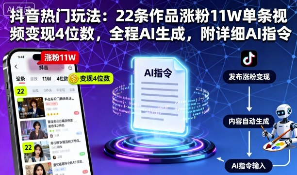 抖音热门玩法：22条作品涨粉11W单条视频变现4位数，全程AI生成，附详细AI指令-小鹏项目网