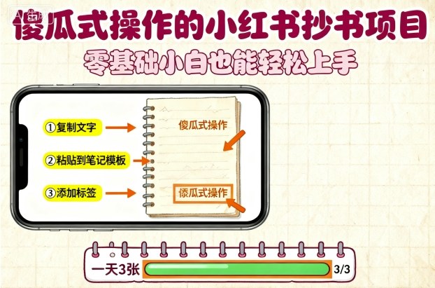 傻瓜式操作的小红书抄书项目，会复制粘贴就行，零基础小白也能一天3张-小鹏项目网
