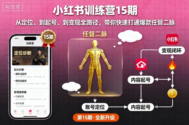 小红书训练营15期，从定位、到起号、到变现全路径，带你快速打通爆款任督二脉-小鹏项目网