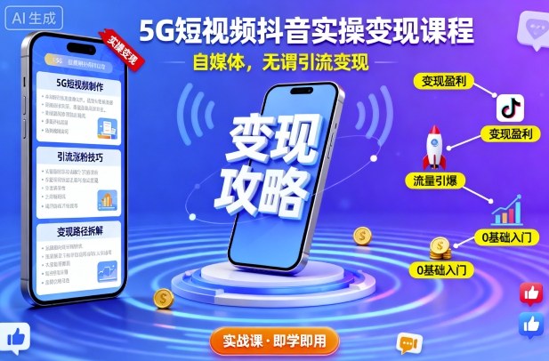 5G短视频抖音实操变现课程，自媒体，无谓引流变现-小鹏项目网