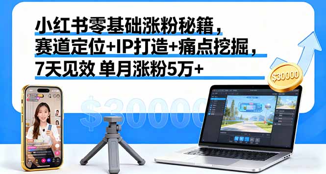 小红书零基础涨粉秘籍，赛道定位+IP打造+痛点挖掘，7天见效 单月涨粉5万+-小鹏项目网