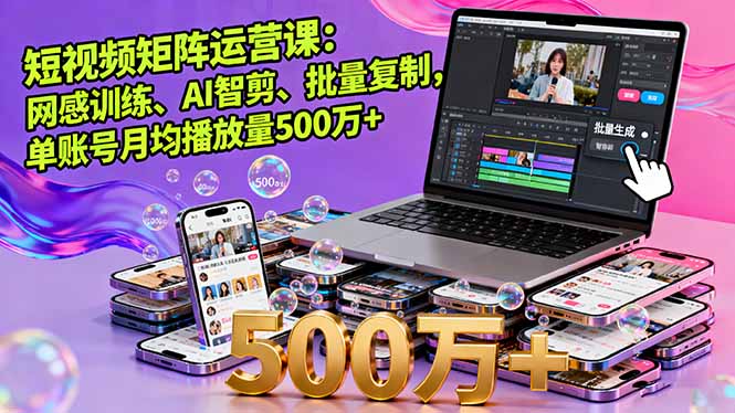 短视频矩阵运营课：网感训练、AI智剪、批量复制，单账号月均播放量500万+-小鹏项目网