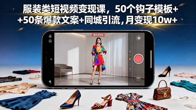 服装类短视频变现课，50个钩子模板+50条爆款文案+同城引流，月变现10w+-小鹏项目网