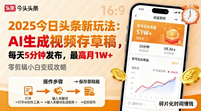 2025年今日头条躺賺新玩法，AI生成视频存草稿，每天5分钟发布，最高月1W+【揭秘】-小鹏项目网