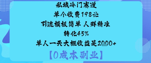 私域冷门赛道:单个收费198米引流模板简单人群精准转化45%单人一天大概收益是1k+-小鹏项目网