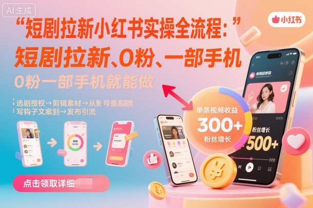 短剧拉新小红书实操全流程，0粉一部手机就可以做，详细教程-小鹏项目网