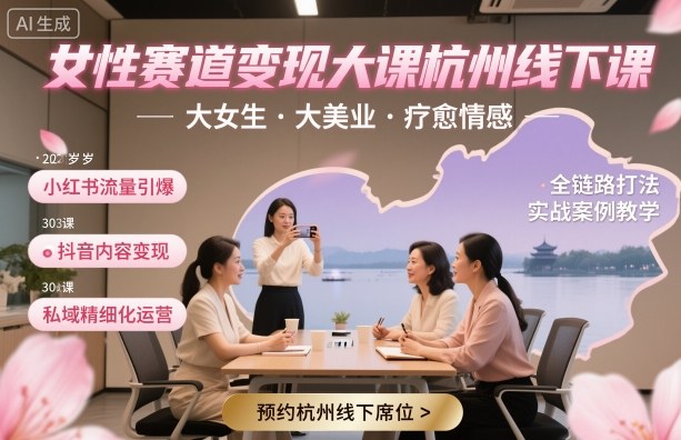 女性赛道变现大课杭州线下，大女生，大美业，疗愈情感，一套小红书、抖音、私域全链路打法-小鹏项目网