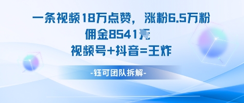 一条视频18W点赞，涨粉6.5W粉佣金8541米，视频号+抖音=王炸-小鹏项目网