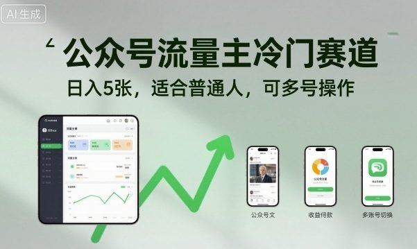 公众号流量主冷门赛道，日入5张，适合普通人，可多号操作-小鹏项目网
