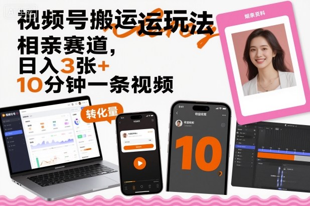 视频号搬运玩法，相亲赛道，日入3张+，10分钟一条视频-小鹏项目网