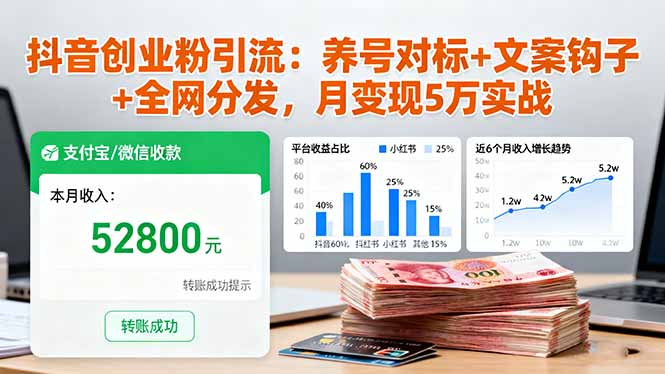 抖音创业粉引流：养号对标+文案钩子+全网分发，月变现5万实战-小鹏项目网