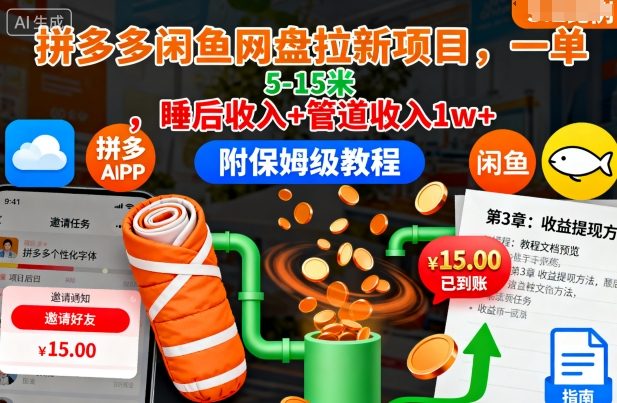 拼多多闲鱼网盘拉新项目，一单5-15米，睡后收入+管道收入1w+(附保姆级教程)-小鹏项目网