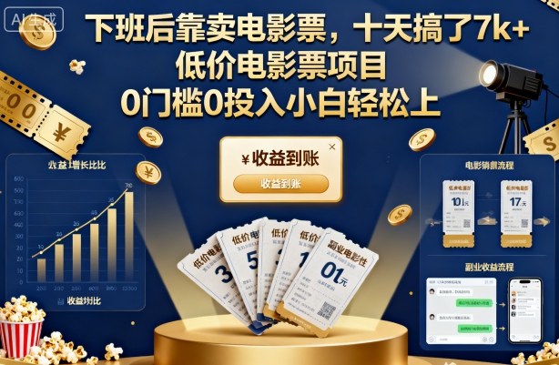 下班后靠卖电影票，十天搞了7k+，低价电影票项目，0门槛0投入小白轻松上手【揭秘】-小鹏项目网