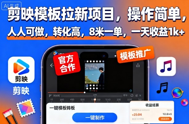 剪映模板拉新项目，操作简单，人人可做，转化高，8米一单，一天收益1k+-小鹏项目网