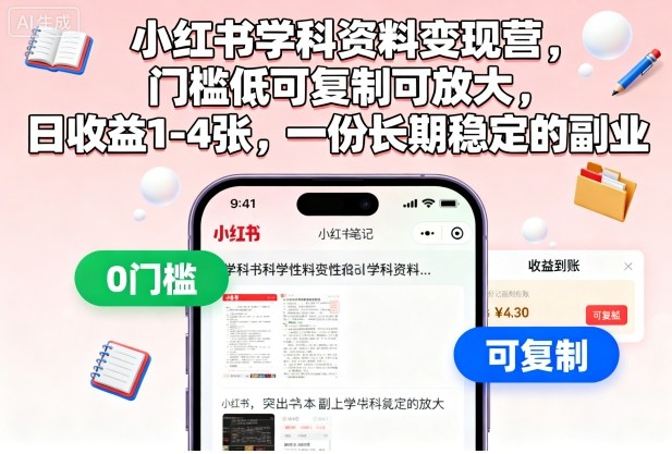 小红书学科资料变现营，门槛低可复制可放大，日收益1-4张，一份长期稳定的副业-小鹏项目网