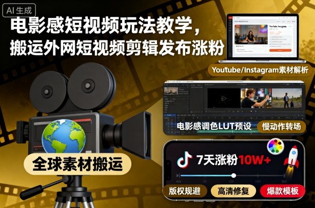 电影感短视频玩法教学，搬运外网短视频剪辑发布涨粉-小鹏项目网