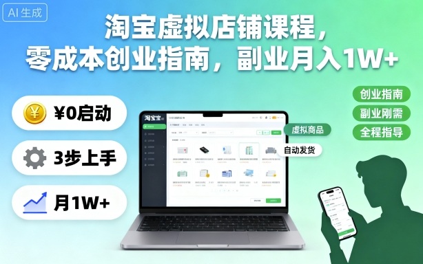 淘宝虚拟店铺课程，零成本创业指南，副业月入1W+-小鹏项目网