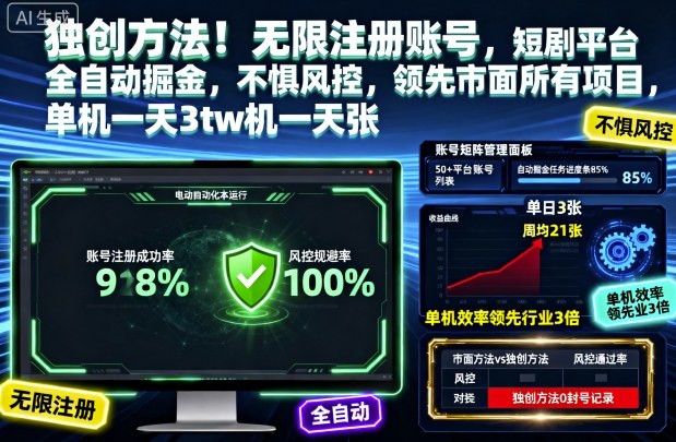 独创方法！无限注册账号，短剧平台全自动掘金，不惧风控，领先市面所有项目，单机一天3张【揭秘】-小鹏项目网