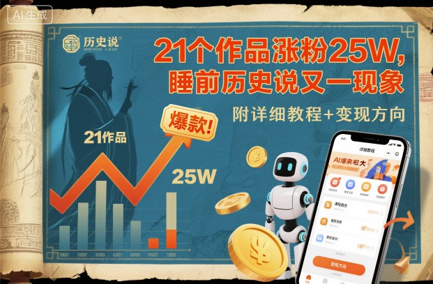 21个作品涨粉25W，睡前历史说又一现象级AI内容大爆款来啦，附详细教程+变现方向-小鹏项目网